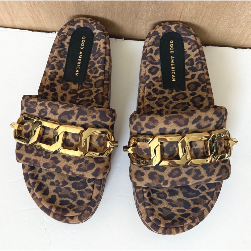 Good American Leopard Print Gold Chain Link Platform Slide Sandals 8.5